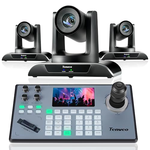 Tenveo PTZ Camera and Controller Bundle/Kits - 20X PTZ Camera(3pcs) with HDMI/USB3.0/LAN(PoE) and PTZ Controller PoE Joystick Keyboard Controller for Church Worship Services Live Streaming Conference