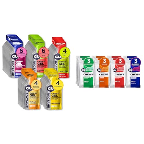 GU Energy Gel and Chews Bundle - Roctane Ultra Endurance Gel (24 Count) and Energy Chews Variety Pack (12 Bags)