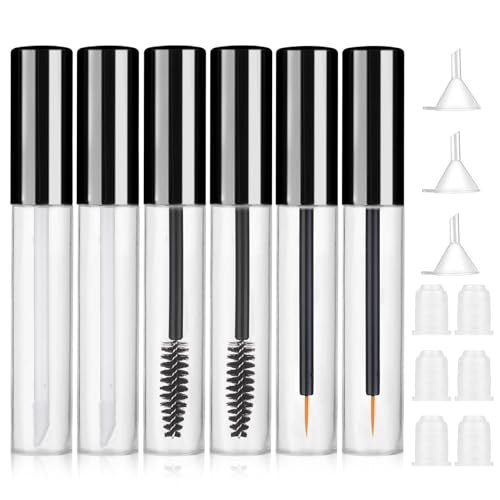 Giantree 6 Pack 10ml Empty Mascara Tube with Brush Wand, Clear Mascara Tube, Refillable Eyelash Cream Container DIY Cosmetics Bottle, Empty Eyeliner Tube and Empty Lip Gloss Tubes with Funnel(Black)