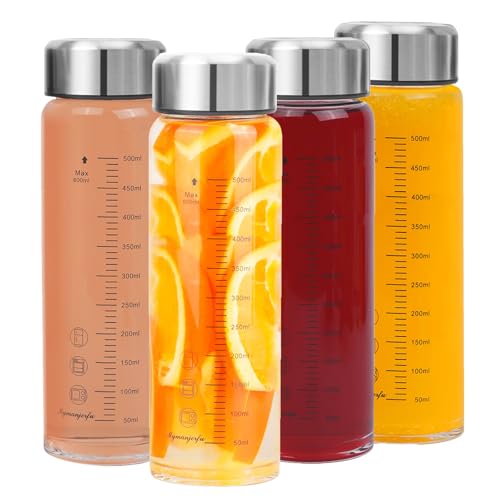 Glass Juice Bottles 4 Pack 20 oz - Wide Mouth Glass Water Bottles with Lids - for Juicing, Smoothies, Milk, Protein, BPA Free, Reusable, Stainless Steel Lids, Leak Proof, Shaker bottle (20oz/600ml)