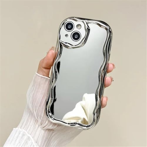 JWMSXYQR Plating Silver Makeup Mirror Case for iPhone 14 15 13 12 Mini 11 Pro Max XS X XR 13 7 8 Plus Electroplating Soft Cover,Silver,iPhone 13 Mini