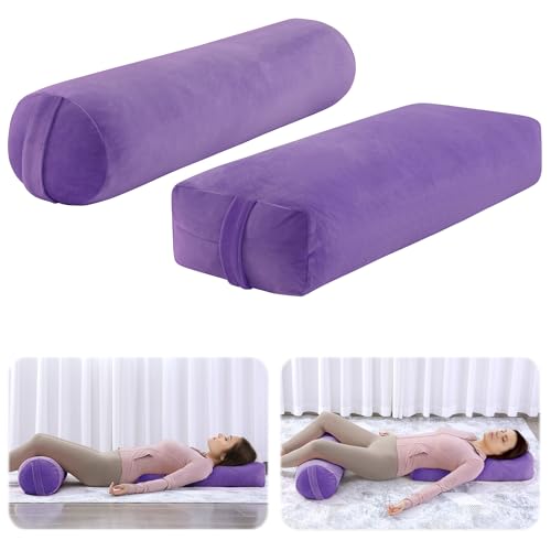 ROYALAY 2 Pcs Yoga Bolster Pillow for Restorative Yoga, Rectangular and Cylinder Meditation Pillow Set with Carrying Handles, Supportive Cushion for Exercise Workout Stretching Meditation,Purple