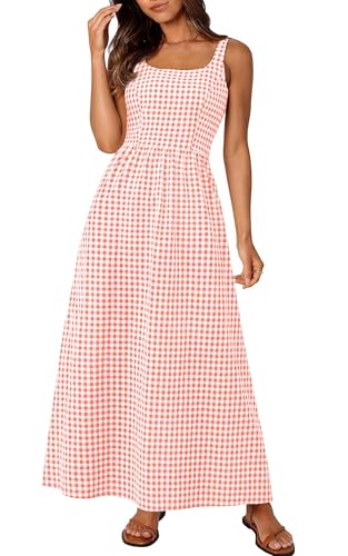 PRETTYGARDEN Women's 2025 Summer Spaghetti Strap Maxi Dresses Plaid Square Neck A Line Casual Beach Vacation Long Sundress (Pink,Medium)