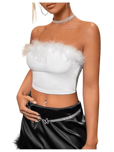 OYOANGLE Women's Fuzzy Trim Strapless Sleeveless Solid Fitted Bandeau Crop Tube Top White XS