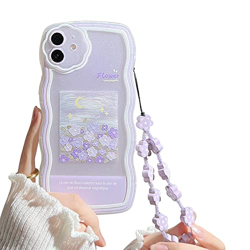 Fycyko Compatible with iPhone 11 Case with Cute Purple Flower Floral Pattern Design Aesthetic Women Teen Girls Flower Lens Protection Case for iPhone 11 +Chain