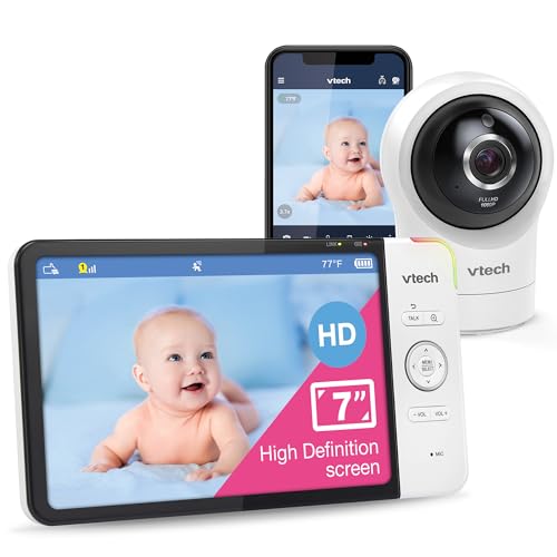 VTech RM7764HD 1080p WiFi Remote Access Baby Monitor, 360° Pan&Tilt, 7” 720p HD Display, HD Night Vision, Soothing Sounds, 2-Way Talk, Temperature Sensor, Motion Detection, iOS & Android