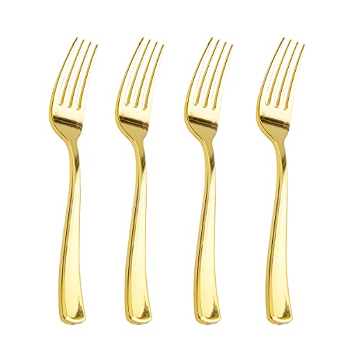 Liacere 200pcs Gold Plastic Forks - Heavyweight Plastic Forks - 7.4 Inch Heavy Duty Plastic Forks - Gold Plastic Silverware Perfect For Parties & Weddings & Restaurants & New Year And Daily Using