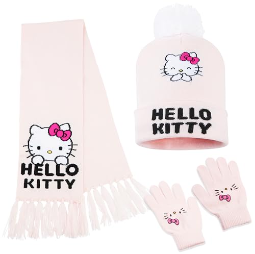 Hello Kitty Girls Hat Scarf And Gloves Set Winter Accessories Kawaii Cozy Warm 3 Piece, Anime Gifts for Girls (Pink Hello Kitty, 4-12 Years)