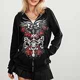 Kodaruber Women Y2K Skull Hoodie Graphic Zip Up Grunge Aesthetic Hoodies Casual Vintage Oversized Sweatshirt Harajuku Jacket(C Black,Medium)