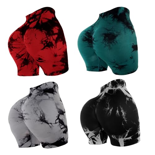 Mumucove 4-Piece Women's Workout Gym & Yoga Shorts - Tie Dye & Solid High Waist Butt Lift Sports Shorts - Small & Medium, Tie Dye & Solid Gray, Red, Green, Black