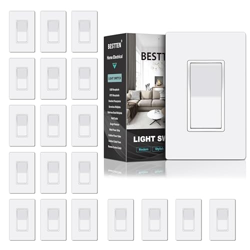 BESTTEN 20 Pack Single Pole Decorator Light Switch with Screwless Wall Plate, Paddle Rocker Wall Switch,15A 120/277V, On/Off Interrupter, UL Listed, White