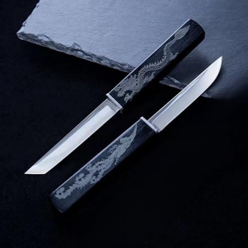 Samurai 2 in 1 Dragon and Phoenix Double Blades Knife - Handmade Portable Japanese Black Dragon and Chinese Phoenix Art Dual Blade Chef Knife - Fruit Double Knife (C)