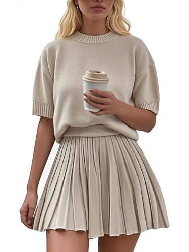 Jenisso Womens 2 Piece Outfits Short Sleeve Crewneck Knit Tops And Pleated Mini Skirt Two Piece Sets（beige M