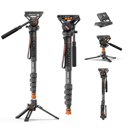 Professional Camera Monopod with Feet, 73.2 inch Aluminum Portable Travel Video Monopod with Removable Tripod Stand Base, Max Load 22 Lbs, New Q6 Fluid Head for DJI RS4 Manfrotto