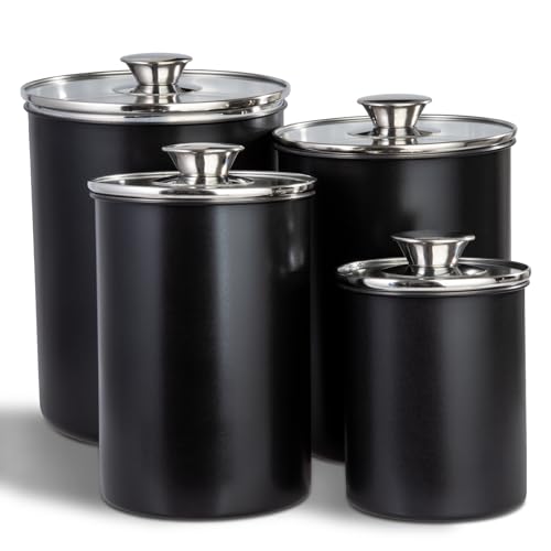 malmo Stainless Steel Food Canister Set of 4-Piece, 16/49/85/132 Ounces,Airtight Containers with Glass Lid for Tea,Coffee,Sugar,Flour,Pantry Kitchen Storage Storeroom Counter (Black)