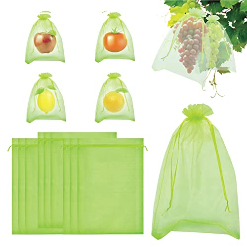 Fruit Protection Bags, RIFNY 100 Pcs 6 x 8 Inch Green Mesh Fruit Netting Bag for Fruit Trees, Fruit Cover Net Bags with Drawstring for Grape Apple Mango Peach Protect from Insect Birds Squirrels