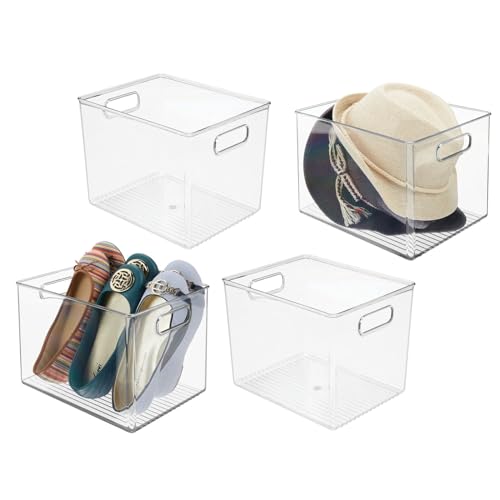 mDesign Plastic Storage Closet Organizer Bin, Container Bin for Entryway, Hallway, Linen, and Coat Closet - Organization for Clothing, Blankets, Toys, and Accessories, Ligne Collection, 4 Pack, Clear