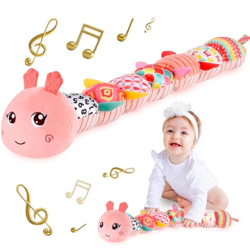 TURKIDS Infant Baby Musical Stuffed Animal Activity Soft Toys with Multi-Sensory Crinkle, Rattle and Textures for 0-3-6-12 Months Developmental Toys, Caterpillar, Pink