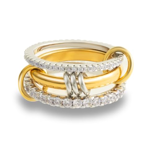 HOLINSE Chunky Stackable Cubic Zirconia Rings Set Non Tarnish, Gold Silver Rings Set for Women, 18K White Gold Plated Multi-Link Connected Rings (8)