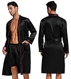 SWOMOG Mens 3 PCS Satin Robe with Pants & Shorts Set Kimono Bathrobe Long Sleeve Sleepwear Pjs Sets with Pockets Black - Red Trimming Large