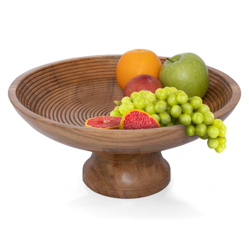 Folkulture Wooden Fruit Bowl for Kitchen Counter | 12" Large Premium Banana Fruit Basket for Kitchen | Acacia Wood Bowl with Holder, Pedestal for Table Decor, Centerpiece for Dining Table