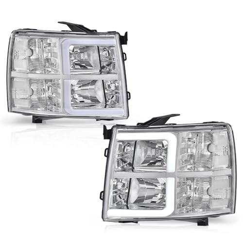 CHEDA LED DRL Tube Projector Headlights w/o Bulb Clear Lens Chrome Housing Clear Reflector Compatible with Chevy Silverado 1500 2007-2013/2500HD 3500HD 07-14 Headlamp Assembly Faros Conjunto De Faros