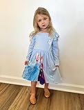 Disney Frozen Toddler Girl Dress 2 Pcs, Elsa and Anna Pattern Ruffle Long Sleeve Dress Set Stretchy Fall Clothes Birthday Gift Idea Blue White 4-5T