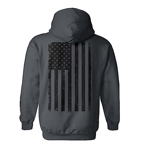 Tcombo Distressed Black USA Flag - United States Unisex Hoodie Sweatshirt (Charcoal - Back Print, Medium)