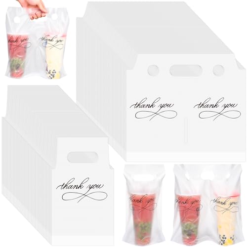 MJOGGOTT 1000 Count Handle Drinking Poly Bags, Thank You Clear Plastic Packaging Drinks Bags Drink Carrier with Handle Cup Carriers for Drinks Beverage Coffee Restaurant Bar, Hold 1 and 2 Cups