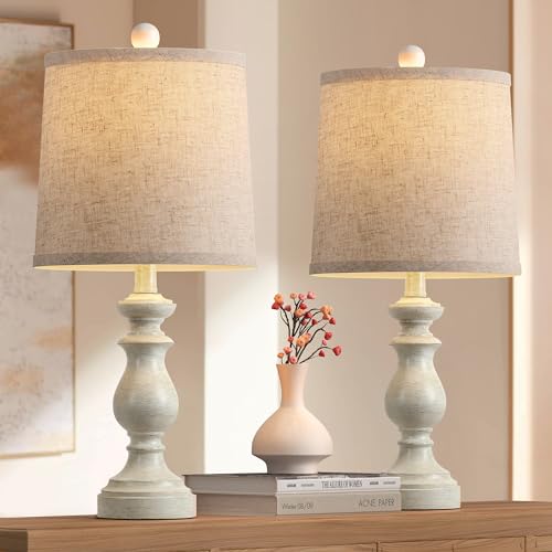 PARTPHONER Traditional Table Lamp Set of 2, Rustic Farmhouse Table Lamps for Living Room Bedroom, 22" Bedside Desk Lamps Vintage Nightstand Lamps with Linen Shades, Antique White