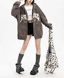 Sumleno Y2K Zip Up Hoodie Letter Print Star Graphic Grunge Hooded Corduroy Sweatshirt Jacket Oversized Retro Y2k Clothing (Gray,M)