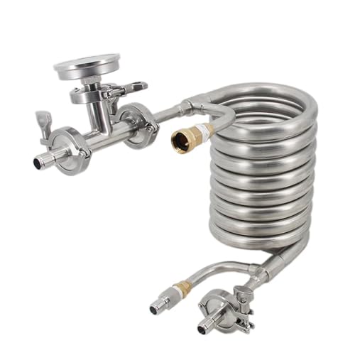 Compact 12ft Convoluted Counterflow Wort Chiller Package Inline Thermometer Male Quick Disconnects Stainless Steel 304