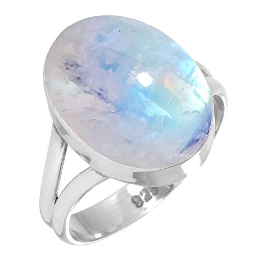 JEWELOPORIUM 925 Sterling Silver Ring for Women White Natural Rainbow Moonstone Gemstone Statement Silver Ring Size 7.5 Thanksgiving Gift Fashion Jewelry