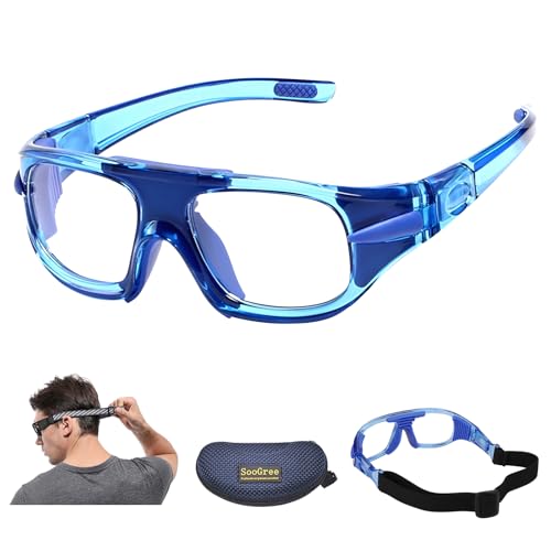 SooGree Sport Goggles Glasses Squash & Racquetball Goggles Basketball Glasses Adjustable Strap Resistant Impact (8043 Clear Frame Blue Pad)