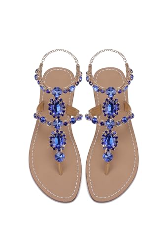 ZhuLinFeng Women's Rhinestone Gladiator Bridesmaid sandals sapphire blue Sandals Flat Beach Wedding Shoes Flip-flops Gemstone Pearl Sparkling Bride Bridesmaid sandals Royal Blue Size 12