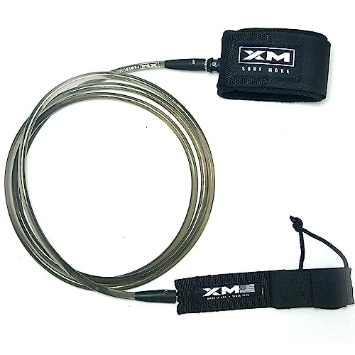 XM SURF MORE Premium Surfboard Leash, 10ft, Made in USA, Regular Cord Thickness (.270in), Key Pocket, Unbreakable Swivels, Detachable Railsaver, Smoke Leash, Black Strap, Kink-Free [3 Year Warranty]