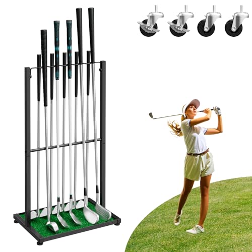 Golf Putter Stand, Golf Club Rack for 10 Cues, Golf Club Holder Display Rack with Artificial Grass Mat, Golf Club Organizer for Indoor Outdoor, Home Office, Garage, Club Simulator, Black