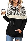 Angerella Long Sleeve Leopard Print Tops Lightweight Hoodies for Women Color Block Pullover Sweatshirt L