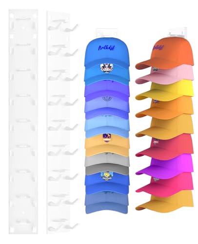 2 Pack Hat Organizer for Baseball Caps, Strong Adhesive Hat Rack for Wall, Multilayer Hat Storage Display Holder, Wall Mounted Hat Hooks Hold up to 18 Hats for Closet Door and Bedroom (White)