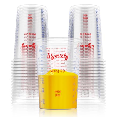 25 PACK Plastic Measuring Cups, 32 oz (1000ml) Disposable Mixing Cups, Measurement ratios: 2:1, 3:1, 4:1, Perfect for Epoxy Resin, Paint Mixing, Art DIY