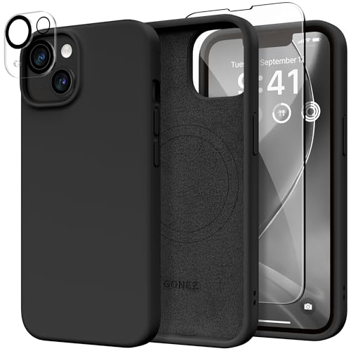 GONEZ Magnetic for iPhone 14 Case, Compatible with Magsafe, with Screen Protector + Camera Protector, Anti-Scratch Microfiber Lining, Liquid Silicone Shockproof Protective Phone Case, Black