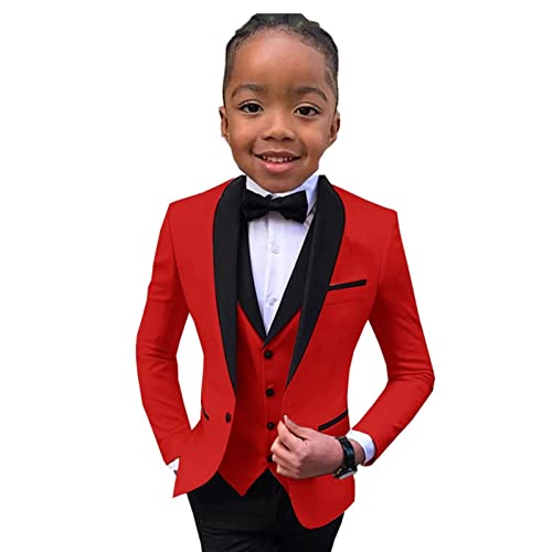 Boys Suit Wedding Tuxedo 3 Piece Shawl Collar Jacket Pants Vest Child Formal Blazer Set Slim Fit Outfit 8 Red