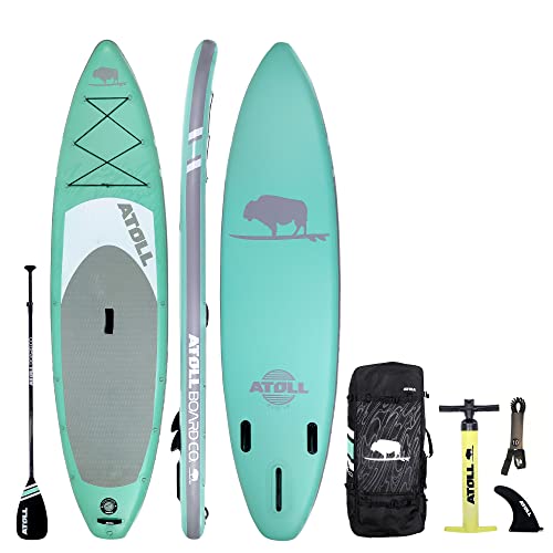 Atoll Inflatable Paddle Board with Premium SUP Stand Up Paddle Board Accessories & Back Pack, Non-Slip Comfort Deck for Unisex Adult - 11ft (Aqua Marine)