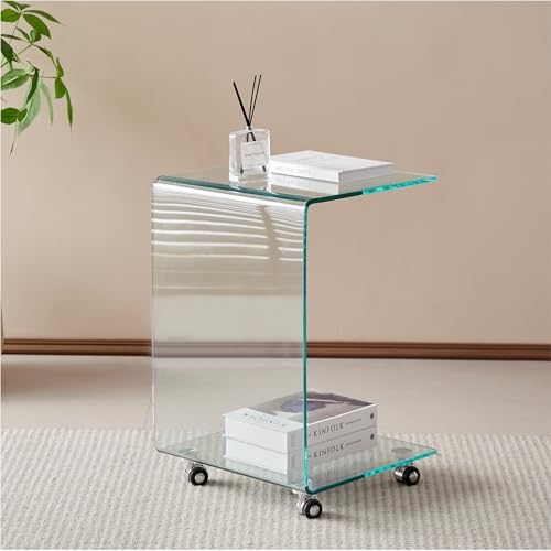 SMARTIK Tempered Glass End Table – 1 PC Modern Small Glass TV Side Table with Wheels, C Shaped Clear Nightstand for Living Room 15.75" D x 15.75" W x 24.4" H