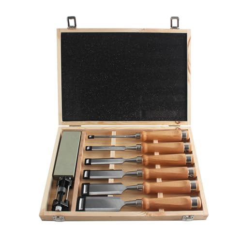 HODYANN 8 Pieces Wood Chisel Tool Sets, 11.4in Woodworking Carving Chisel Kit with Honing Guide, Sharpening Stone and Wooden Case