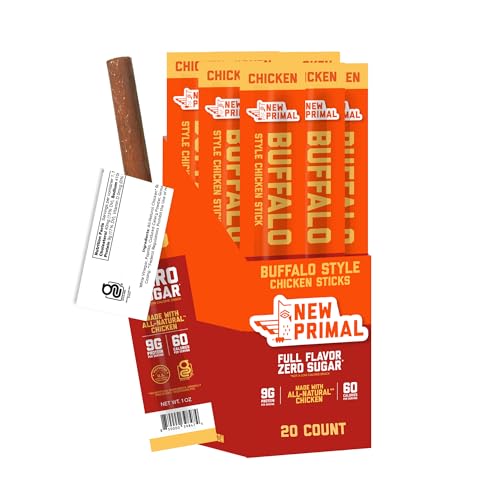 New Primal Buffalo Chicken Sticks, Keto, Gluten Free Healthy Snacks, Sugar Free Low Carb High Protein, Jerky Meat Stick, 9g Protein, 20 Ct
