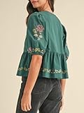 Joiemont Womens Short Puff Sleeve Floral Embroidery Poplin Front Self Tie Detail Peplum Top Blouse(0651-Green-M)