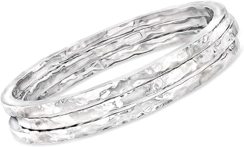 925 Sterling Silver Hammered Bangles For Women, Slender Skinny Stackable Bangles,Round Bangles, Stacking Bracelets, Set of 3 Hammered Bangles BY ISHU JEWELLER (7.5)