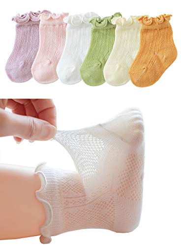 CHUNG Baby Toddler Girls Princess Cotton Frilly Socks Lace Ruffle Pack of 4/5/6 Thin Mesh Summer for Dress (1-3Y, Cotton Ruffle)