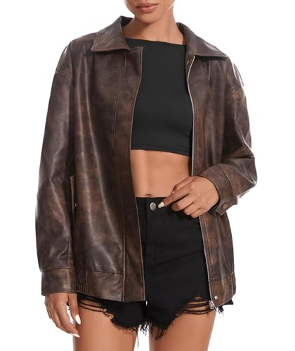 Casly Lamiit Women's Brown Leather Jacket Faux Oversized Zip Up Lapel Coat Motorcycle Bomber Jackets Fall Fashion Outfits Clothes Medium